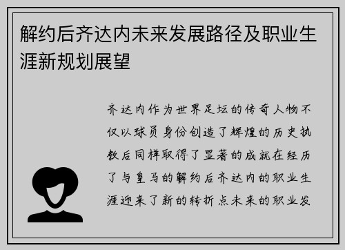 解约后齐达内未来发展路径及职业生涯新规划展望