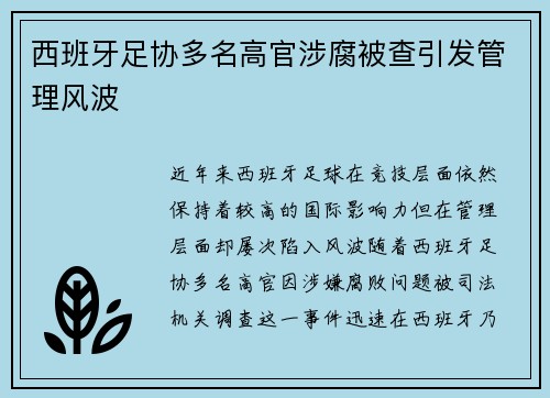 西班牙足协多名高官涉腐被查引发管理风波 西班牙足协多名高官涉腐被查引发管理风波