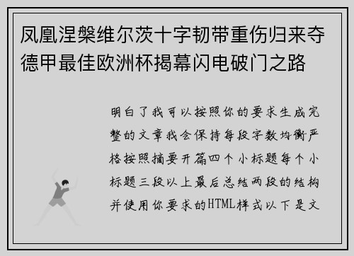 凤凰涅槃维尔茨十字韧带重伤归来夺德甲最佳欧洲杯揭幕闪电破门之路