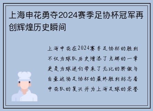 上海申花勇夺2024赛季足协杯冠军再创辉煌历史瞬间